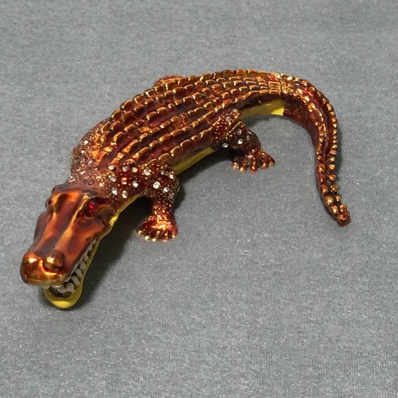 Enameled Alligator Crocodile Trinket Box Rhinestone Hinged Bejeweled - Picture 2 of 13